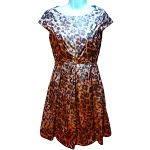 Eliza J Leopard Print Fit & Flair Pleated Short Cap Sleeve Dress Elegant Pink